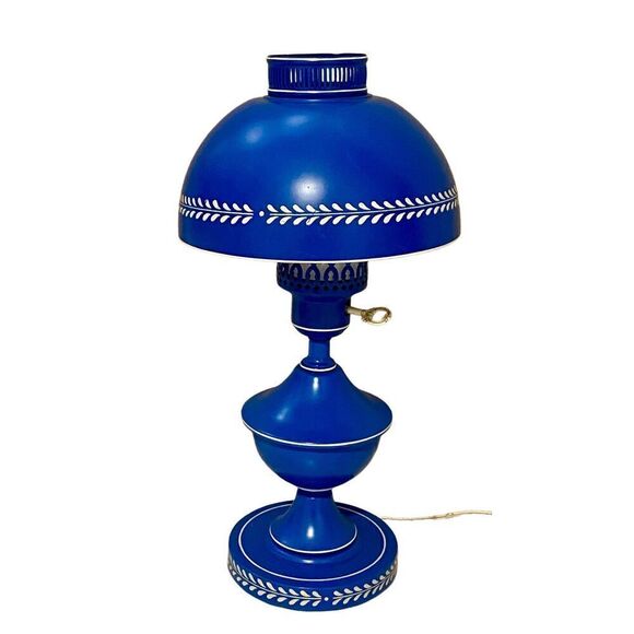Vintage Mid Century Blue Metal Portable Hurricane Style Toleware Lamp - Picture 1 of 6